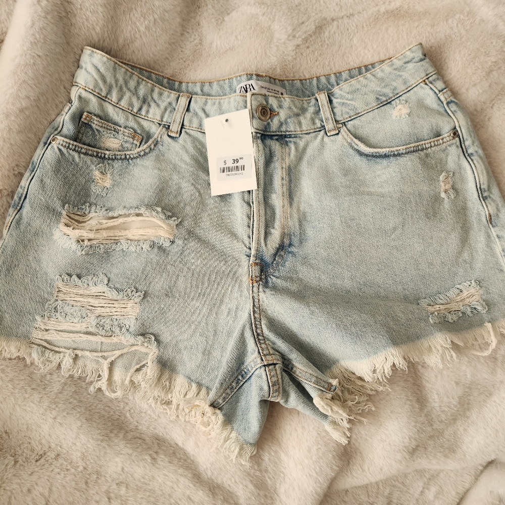 Zara High Rise Light Wash Distressed Denim Short Cut Offs